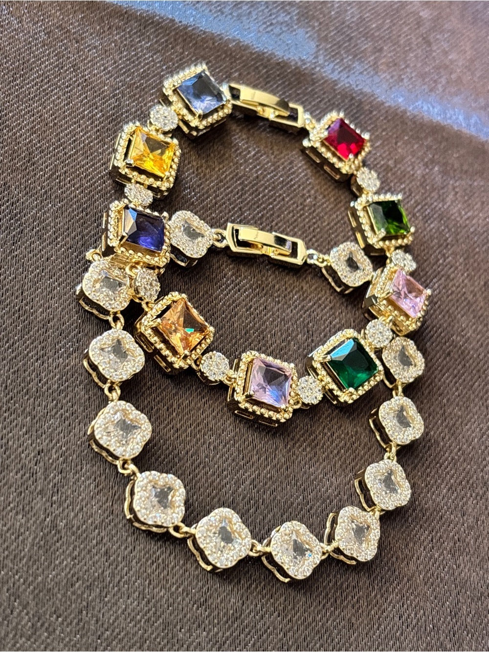 Pretty Bird Yellow Gold Multicolor Princess-Cut & Jelly Clover CZ Bracelets - Picture 6 of 13